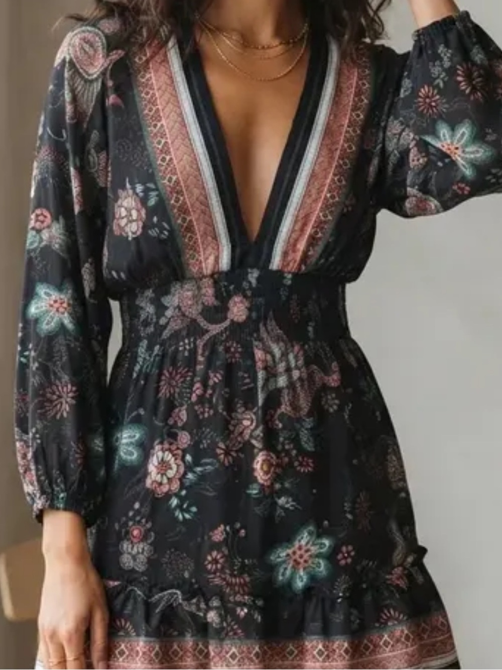 lovestitch Black Floral Boho V-Neck Tunic Dress